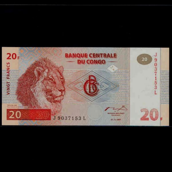 CONGO DEMOCRATIC REPUBLIC-ȭ-P88-LION()-20 FRANCS-1997