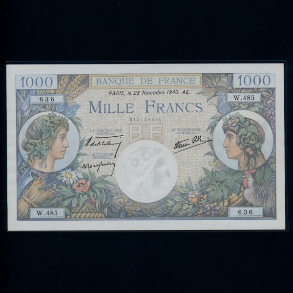 FRANCE--P96a-BLACKSMITH.MERCURY( )-NO.636-1.000 FRANCS-1940