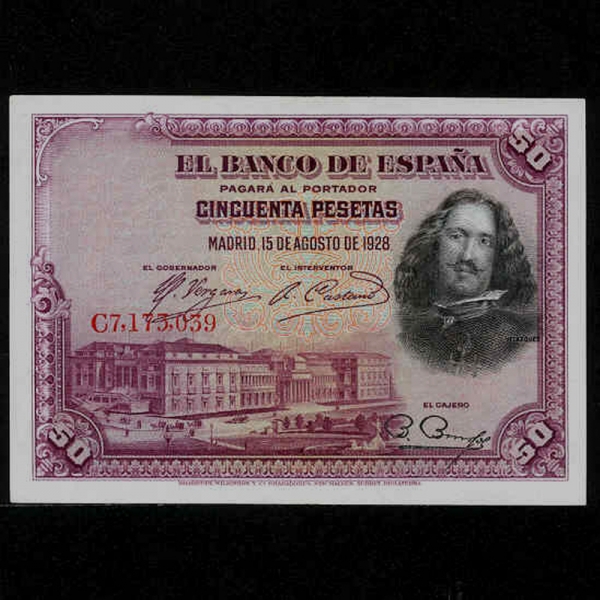 SPAIN--P75b-DIEGO VELAZQUEZ(𿡰 ɽ-ȭ)-NO.C7.173.039-50 PESETA-1928