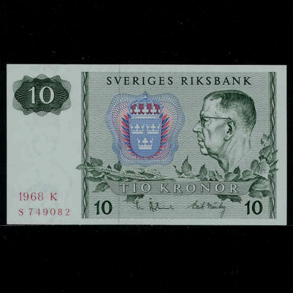 SWEDEN--P52b--KING GUSTAV VOSA(Ÿ 6-)-10 KRONER-1968