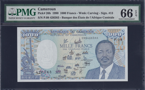CAMEROUN-ī޷-PMG66-1,000 FRANCS-#26b-1990