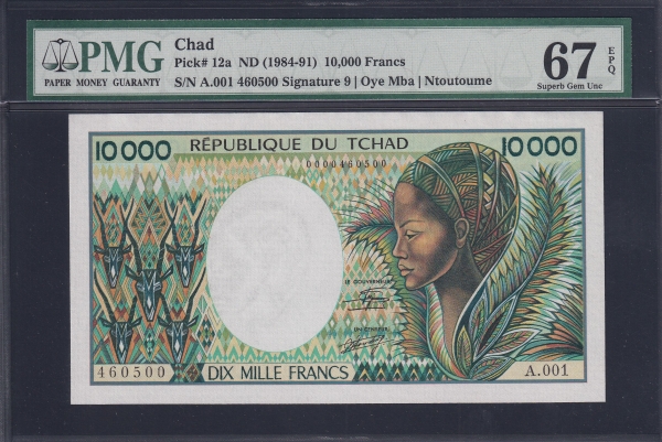CHAD--PMG67-10,000 FRANCS-#12a-1984~1991