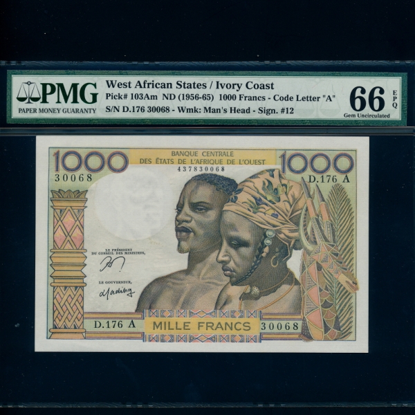 WEST AFRICAN STATES/IVORY COAST-ī  ü/̺ ڽƮ-PMG66-1,000 FRANCS-#103Am-1956~1965