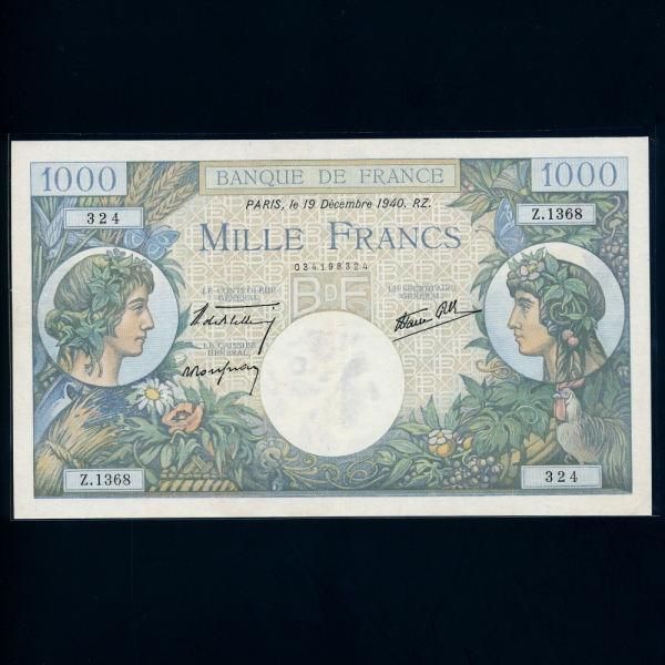 FRANCE--P96a-BLACKSMITH.MERCURY( )-NO.324-1.000 FRANCS-1940