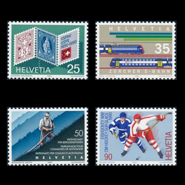 SWITZERLAND(������)-#856~9(4��)-SWISS STAMP, CENT., LOCOMOTIVES, MT. FARMER AND ATHLETES(��������ǥ 100�ֳ�, ���������, �ĸ� ��, ���̽� ��Ű)-1990.3.6��