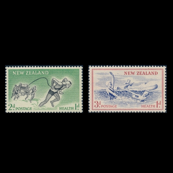 NEW ZEALAND(��������)-#B52~3(2��)-LIFE-SAVING TEAM, CHILDREN PLAYING AND BOY IN CANOE(���� ������, ī���� ź ���̵�)-1957.9.25��