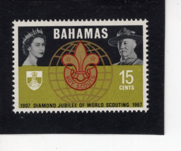 BAHAMAS(���ϸ�)-#268-15c-SCOUT EMBLEM, QUEEN ELIZABETH II AND LORD BADEN-POWELL(��ī��Ʈ ������, �����ں��� 2��, �ι�Ʈ ���̵��Ŀ�)-1967.9.1��