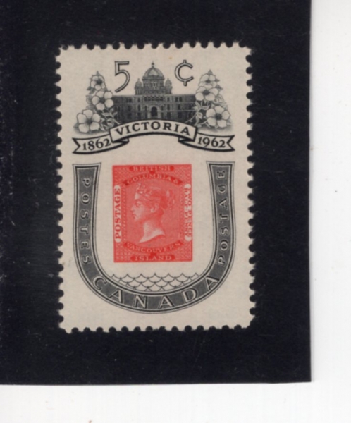 CANADA(ĳ����)-#399-5c-BRITISH COLUMBIA LEGISLATIVE BUILDING AND STAMP OF 1860(1860�� �긮Ƽ���÷���� �Թ��� �ǹ�, ��ǥ 5��Ʈ ���� �� ����)-1962.8.22��